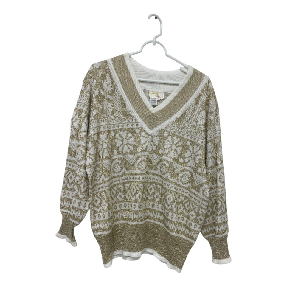 Lilly Of California Womens Pullover Sweater White Gold L Knit Acrylic Blend Top‎